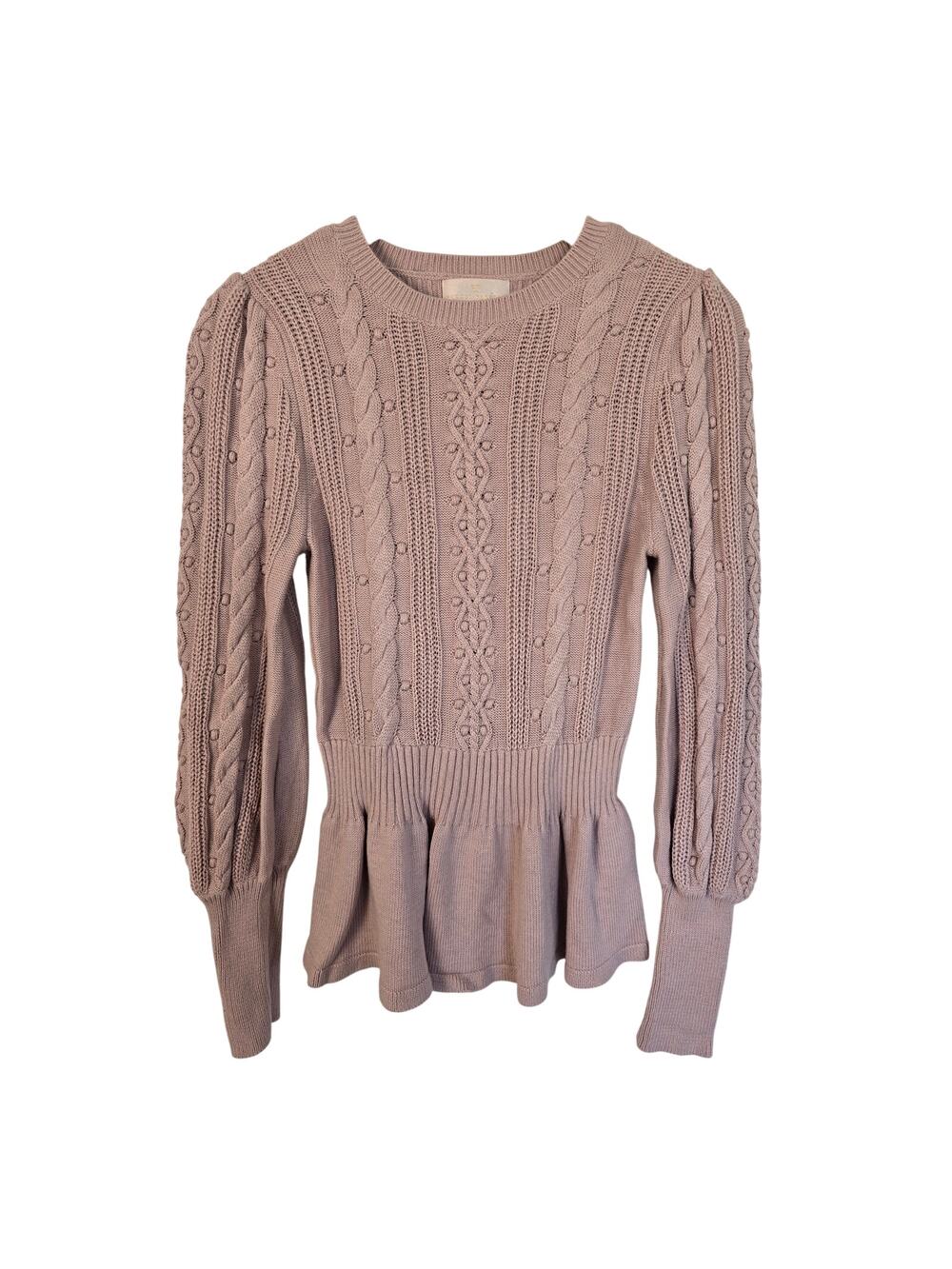 Rachel Parcell Dusty Pink Cable Knit Peplum Sweater Puff Sleeve Size M